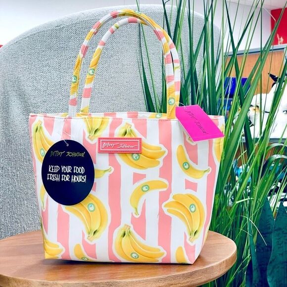 NWT Betsey Johnson Yellow White Pink Striped Banana Insulated Lunch Tote Bag - Picture 1 of 15